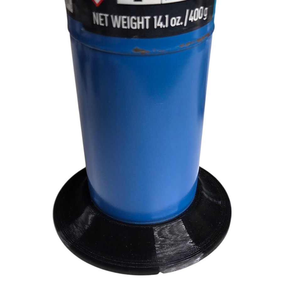 Blue cylindrical container with black base and safety label on a white background