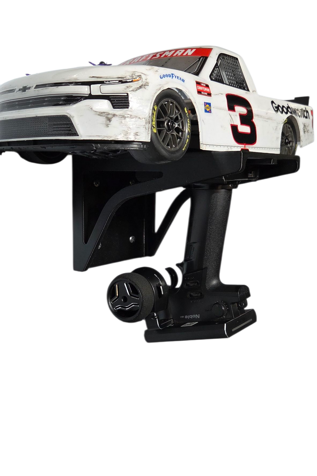RC Wall Shelf Scale Car Holder with Dovetail Controller Mount mounting for maximum strength Printed in durable Black PETG for