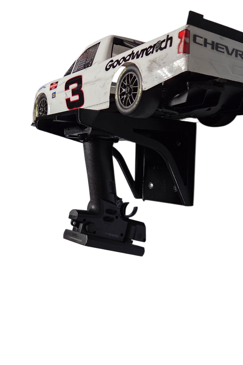 RC Wall Shelf Scale Car Holder with Dovetail Controller Mount optional Noble NB transmitter base depending on variant Fourscrew