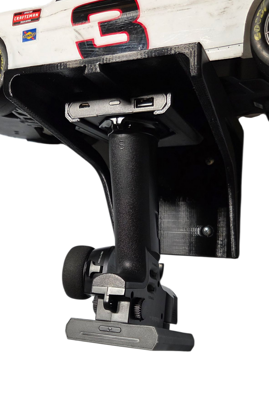 RC Wall Shelf Scale Car Holder with Dovetail Controller Mount connection keeps the controller mount locked under the shelf