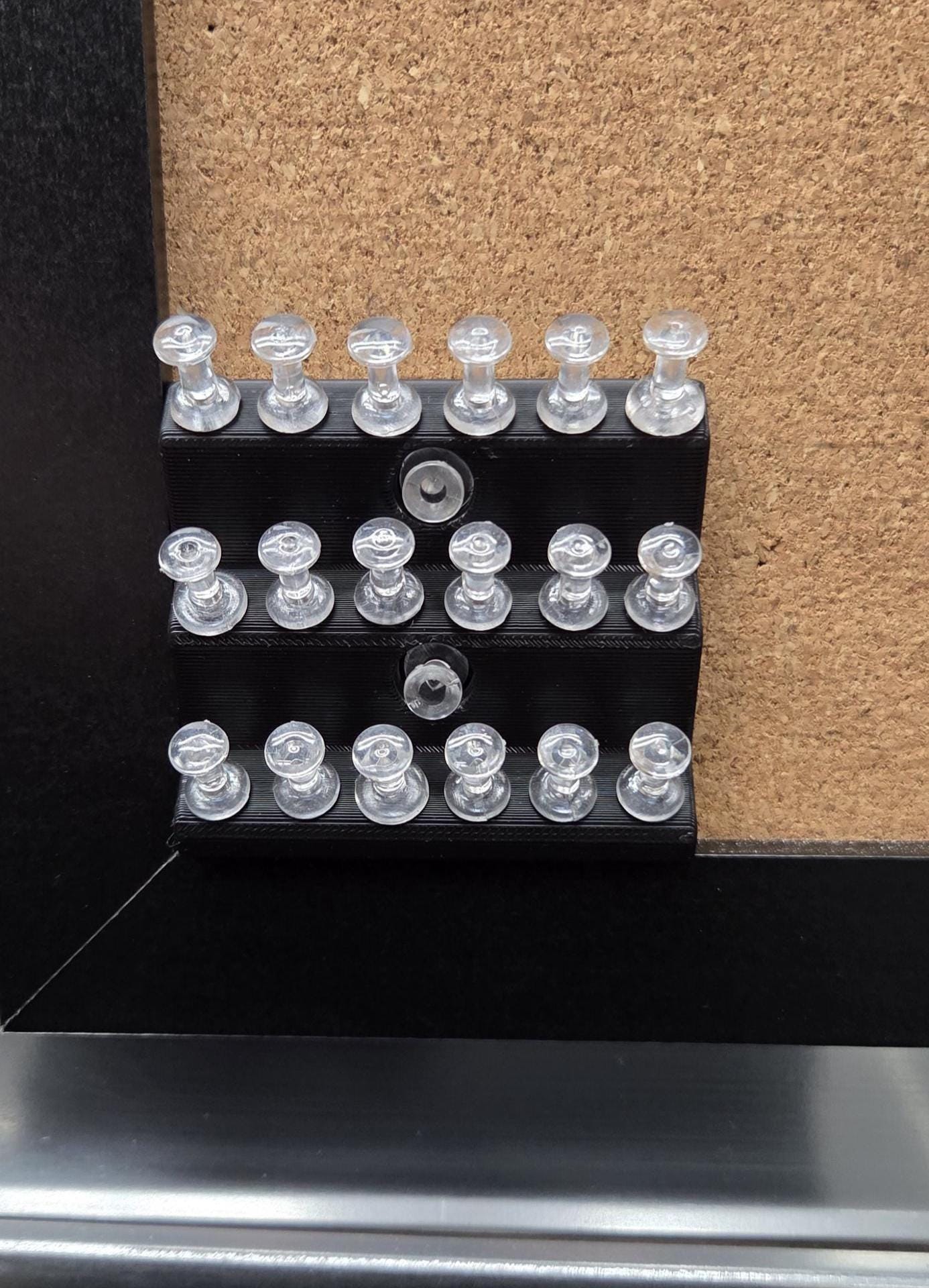 Thumbtack Rack D Printed Cork Board Organizer Holds Thumbtacks D printed thumbtack rack mounts to a cork board using just two