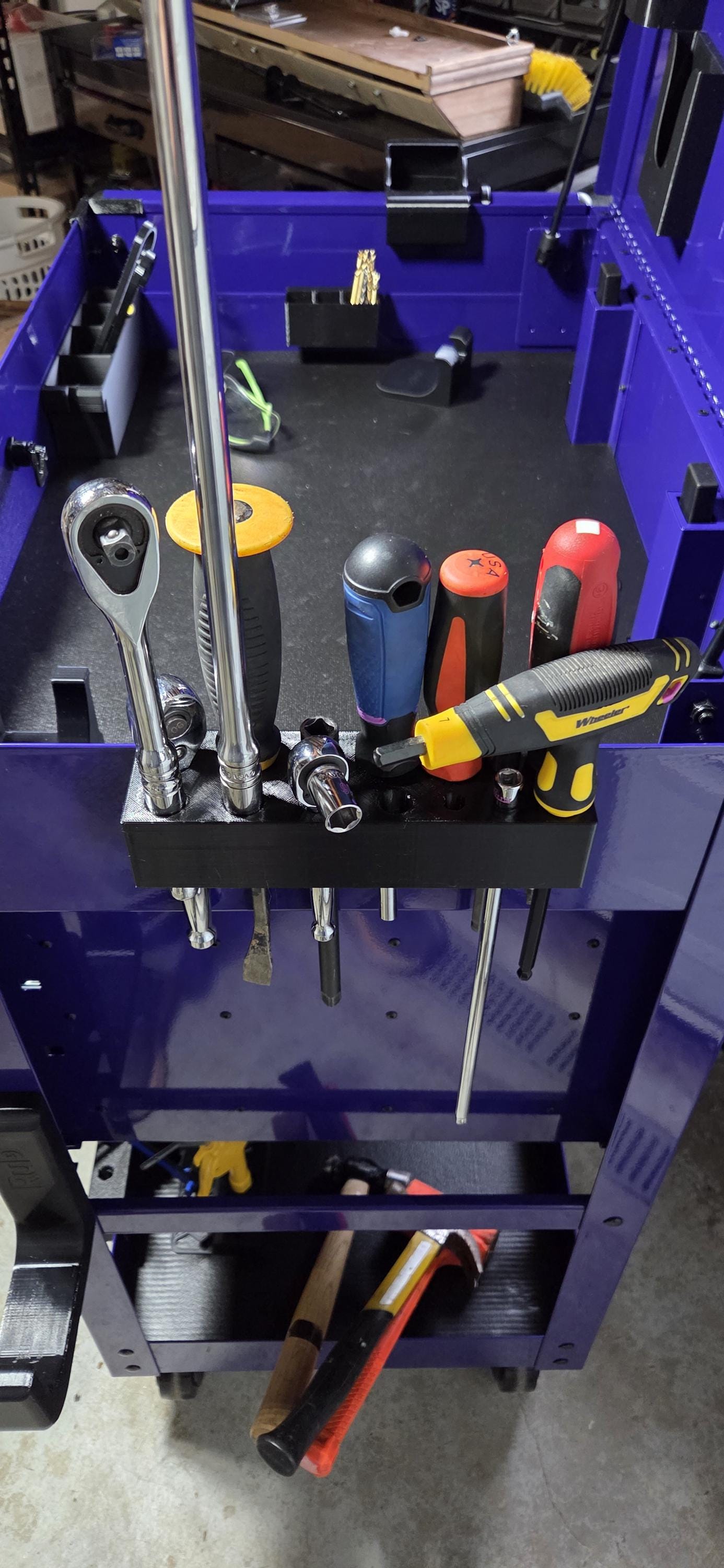 Tool Cart Extension Holder ClipOn Rack for Drives most standard tool cart flanges to keep gear secure and out of the way while